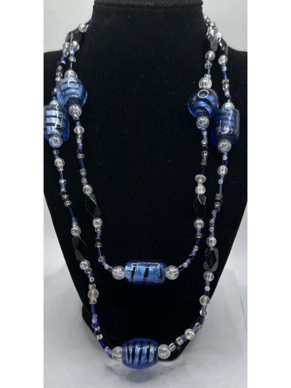 Art Dichroic Art Glass Bead 2 Strand Blue Black Clear Necklace Toggle Clasp 22”